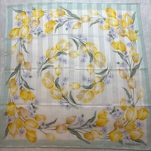 VTG YVES SAINT LAURENT Scarf Handkerchief Tulip Floral   Mint Yellow 19x19